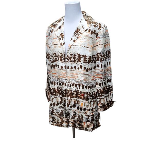 Chico's Sz 1 Brown Orange White Silk Jacket Geometric Hidden Closure Chicos M 8 - Picture 7 of 16